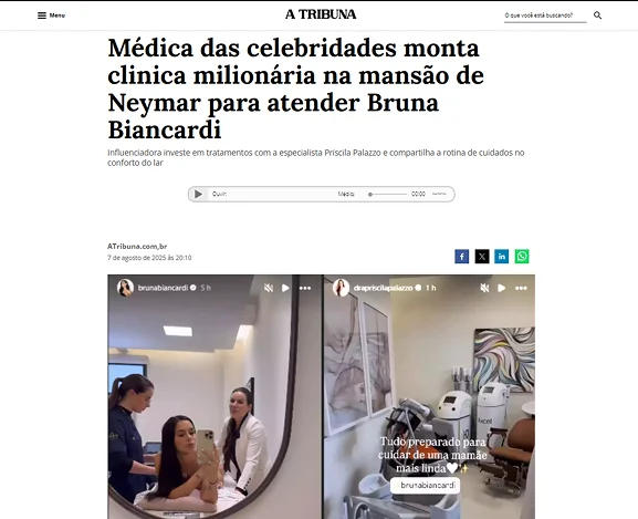 A Tribuna — Médica das celebridades monta clínica milionária na mansão de Neymar para atender Bruna Biancardi